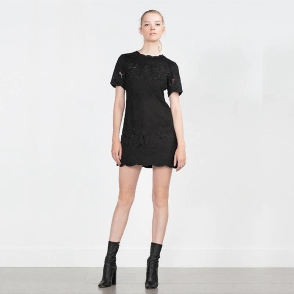 ZARA - Black floral embroidered suede effect dress w/scalloped hem Size:… - Picture 3 of 14